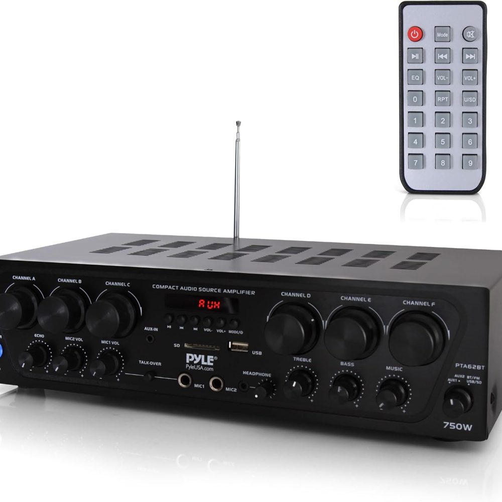 Pyle Wireless Bluetooth Home Audio Amplifier System-Upgraded 6 Channel 750 Watt Sound Power Stereo Receiver w/USB, Micro SD, Headphone,2 Microphone Input w/Echo, Talkover for PA - PTA62BT.5